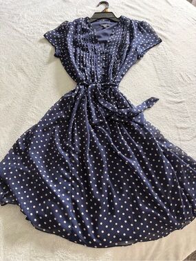 MSK Navy Polka Dot Tie-Waist Midi Dress